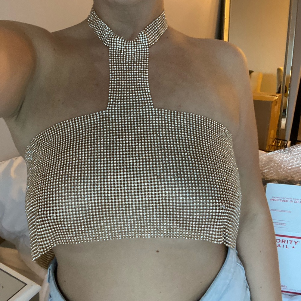 Gold rhinestone diamanté halter crop top